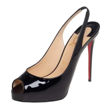 Pre Owned Christian Louboutin Black Patent Leather Private Number Slingback Sandals Size 38