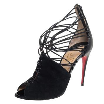 Pre Owned Christian Louboutin Black Leather And Suede Booties Size 36.5 