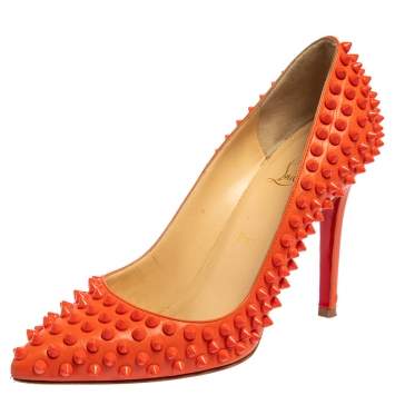 Pre Owned Christian Louboutin Orange Leather Pigalle Spikes  Pumps Size 38.5