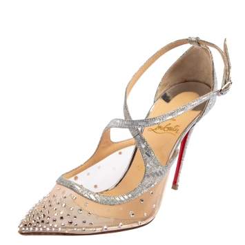 Pre Owned Christian Louboutin Silver Lurex Fabric and Mesh Twistissima Strass Sandals Size 38.5