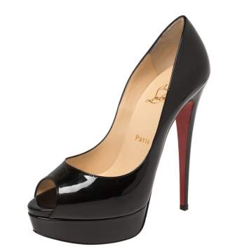 Pre Owned  Christian Louboutin Black Patent Leather Lady Peep Toe Platform Pumps Size 38