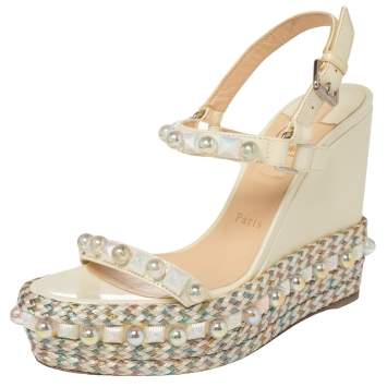 Pre Owned Christian Louboutin Cream Patent Leather Cataconico Embellished Wedge Platform Ankle Strap Sandals Size 38