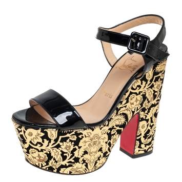 Pre Owned Christian Louboutin Black/Gold Patent Leather Bella Tige Floral Platform Ankle Strap Sandals Size 37.5