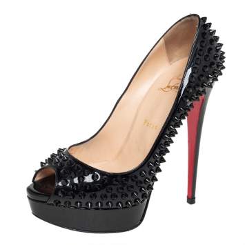 Pre Owned Christian Louboutin Black Patent Spike Lady Peep Toe Platform Pumps Size 39