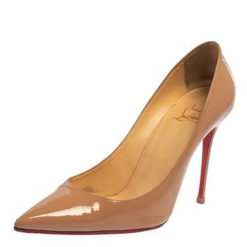 Pre Owned Christian Louboutin Beige Patent Leather Decollete Pumps Size 38.5