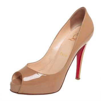 Pre Owned Christian Louboutin Beige Patent Leather Peep Toe Pumps Size 36