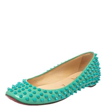Pre Owned Christian Louboutin Green Patent Leather Spikes Ballet Flats Size 36.5