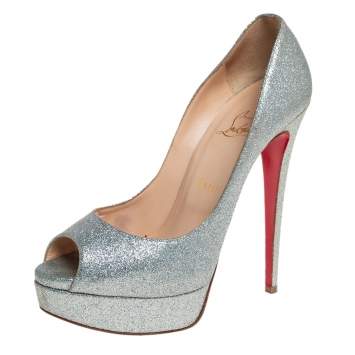 Pre Owned Christian Louboutin Multicolor Glitter Leather Lady Peep Toe Platform Pumps Size 39