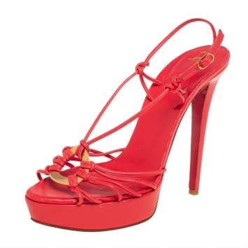 Pre Owned Christian Louboutin Coral Red Leather Discolilou Platform Sandals Size 39