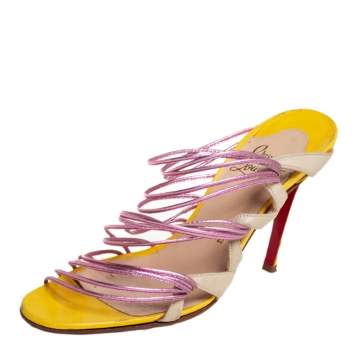 Pre Owned Christian Louboutin Metallic Pink And Yellow Strappy Slide Sandals Size 39
