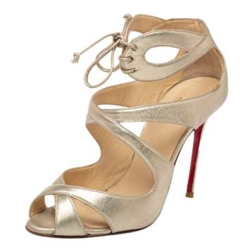 Pre Owned Christian Louboutin Gold Leather Lace up Crisscross Sandals Size 38