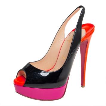 Pre Owned Christian Louboutin Black Patent Leather Lady Peep Toe Platform Slingback Sandals Size 37