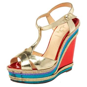 Pre Owned Christian Louboutin Gold Leather T-Strap Trotolita Wedge Platform Sandals Size 38