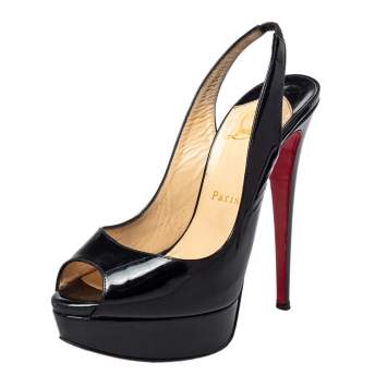 Pre Owned Christian Louboutin Black Patent Leather Lady Peep  Pumps Size 38