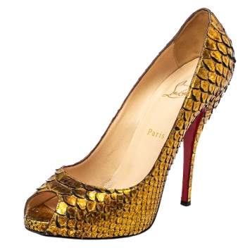 Pre Owned Christian Louboutin Gold Python Lady Peep Toe Platform Pumps Size 40
