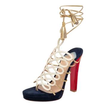 Pre Owned Christian Louboutin White/Gold Leather Strappy Sandals Size 37