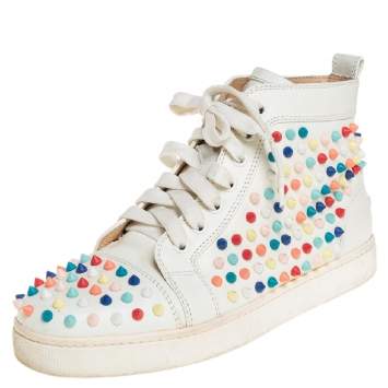 Pre Owned Christian Louboutin White Patent Leather Spikes Sneakers Size 39