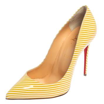 Pre Owned Christian Louboutin Yellow/White Stripe Patent Leather Pigalle Follies Pumps Size 38.5
