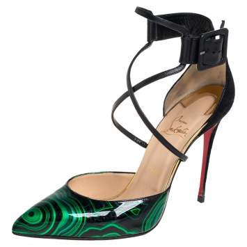 Pre Owned Christian Louboutin Multicolor Malachite Swirl Patent Leather And Suede Suzanna Ankle Strap Pumps Size 40.5