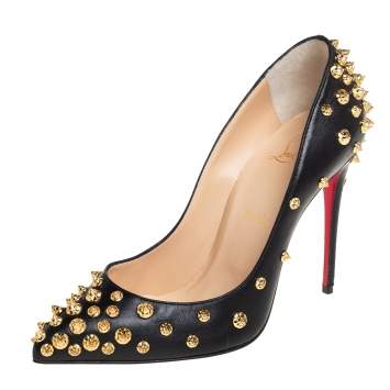 Pre Owned Christian Louboutin Black Leather Aimantaclou Spike Pumps Size 38