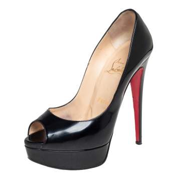 Pre Owned Christian Louboutin Black Patent Leather Lady Peep Toe Platform Pumps Size 36.5