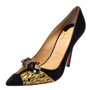Pre Owned Christian Louboutin Black/Gold Suede And Brocade Tudor Net Pointed Toe Pumps Size 40.5