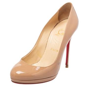 Pre Owned Christian Louboutin Nude Patent Leather Simple  Pumps Size 37.5