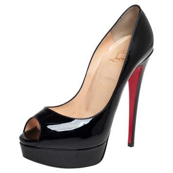 Pre Owned Christian Louboutin Black Patent Leather Lady Peep Toe Platform Pumps Size 38.5