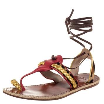 Pre Owned Christian Louboutin Multicolor Leather Pony Hair Ankle Wrap Espadrille Sandals Size 41