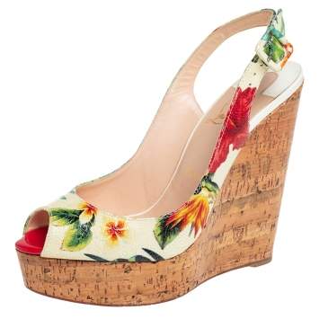 Pre Owned Christian Louboutin  Cream Leather Flower Cork Wedge Sandals Size 39.5