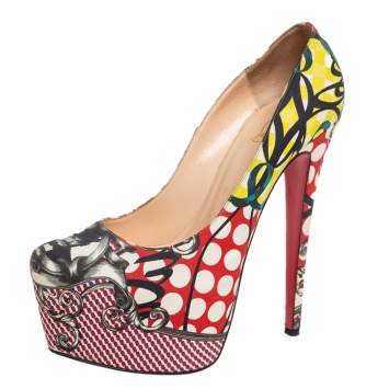 Pre Owned Christian Louboutin Multicolor Fabric Daffodile Platform Pumps Size 38