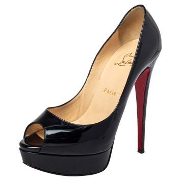 Pre Owned Christian Louboutin Black Patent Leather Banana Peep Toe Platform Pumps Size 38