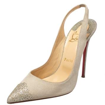 Pre Owned Christian Louboutin Grey Suede And Glitter Almine Slingback Sandals Size 38.5