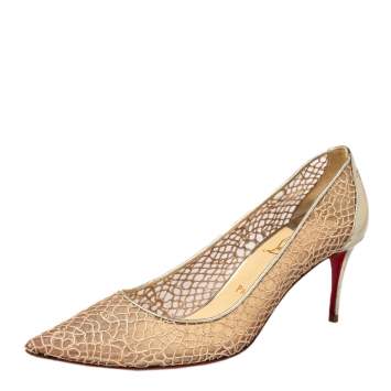 Pre Owned Christian Louboutin Gold Lace And Mesh Pumps Size 41