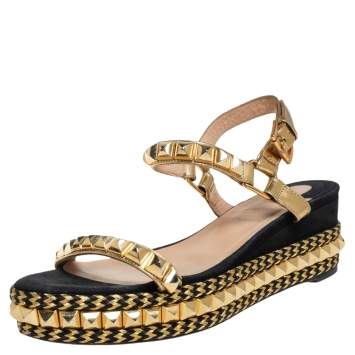 Pre Owned Christian Louboutin Gold/Black Suede and Leather Pyraclou Studded Platform Sandals Size 37