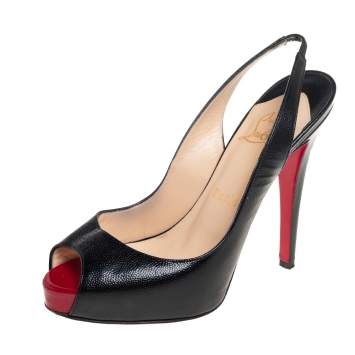 Pre Owned Christian Louboutin Black Textured Leather Private Number Peep Toe Slingback Sandals Size 37