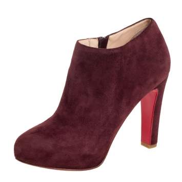 Pre Owned Christian Louboutin Burgundy Suede Platform Booties Size 36.5