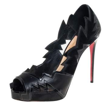 Pre Owned Christian Louboutin Black Patent And Leather Cutout Peep Toe Pumps Size 38