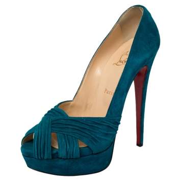 Pre Owned Christian Louboutin Blue Suede Aborina Peep Toe Platform Pumps Size 39.5