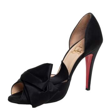 Pre Owned Christian Louboutin Black Satin Bow D'Orsay Open Toe Pump Size 38.5