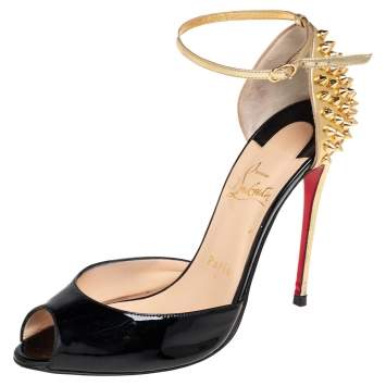 Pre Owned Christian Louboutin Black/Gold Patent Leather Pina Spike Ankle Strap Sandals Size 38.5