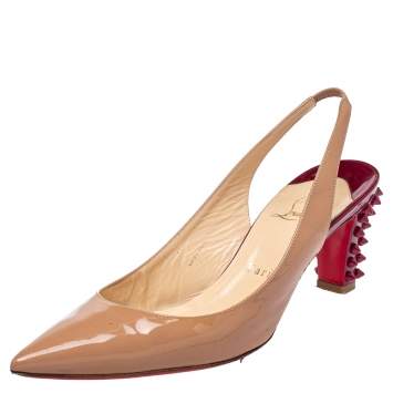 Pre Owned Christian Louboutin Beige Patent Leather Slingback Sandals Size 38.5