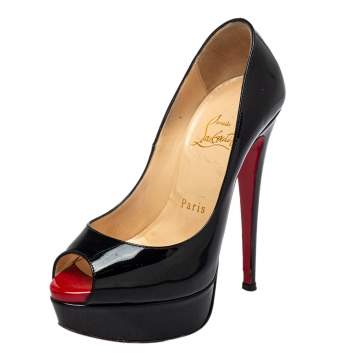 Pre Owned Christian Louboutin Black Patent Leather Lady Peep  Pumps Size 34