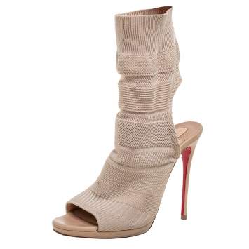 Pre Owned Christian Louboutin Beige Knit Fabric Sock Cheminene Maille Booties Size 37