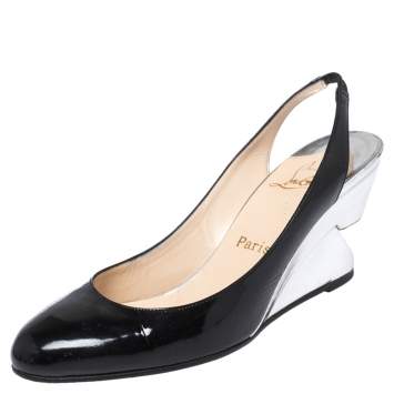 Pre Owned Christian Louboutin Black Patent Leather Bebe Fusee Wedge Sandals Size 38