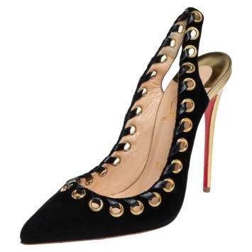 Pre Owned Christian Louboutin Black Suede And Leather Trim Whipstitch Ostri Slingback Sandals Size 37.5