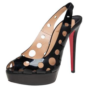 Pre Owned Christian Louboutin Black Patent Leather Ginza Platform Slingback Sandals Size 38