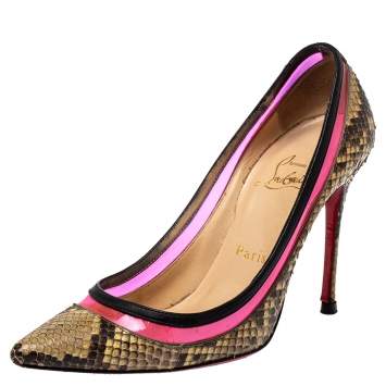 Pre Owned Christian Louboutin Beige/Black Python/Leather and PVC Paulina Pointed Toe Pumps Size 35.5