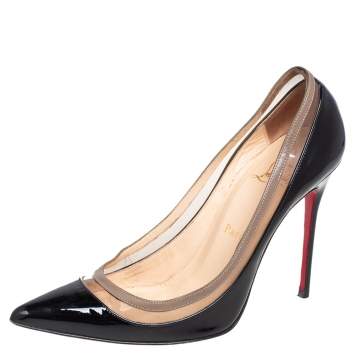 Pre Owned Christian Louboutin Black/Beige Patent Leather and PVC Paulina Pointed Toe Pumps Size 37.5