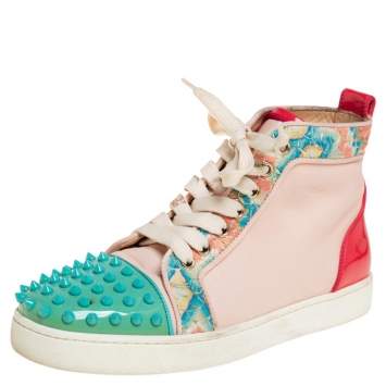 Pre Owned Christian Louboutin Multicolor Patent And Leather Louis Spikes High-Top Sneakers Size 38